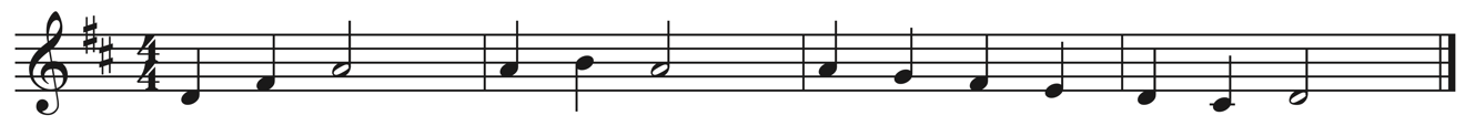 image of melody in treble clef, 4/4, key signature of two sharps