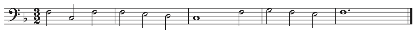 image of melody in bass clef, 3/2, key signature of one flat