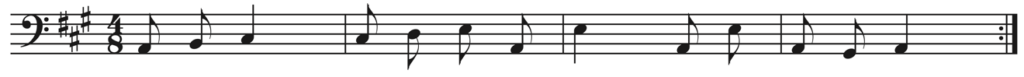 image of melody in bass clef, 4/8, key signature with three sharps