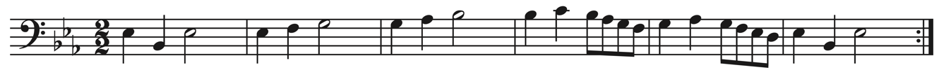 image of melody in bass clef, 2/2, key signature of three flats