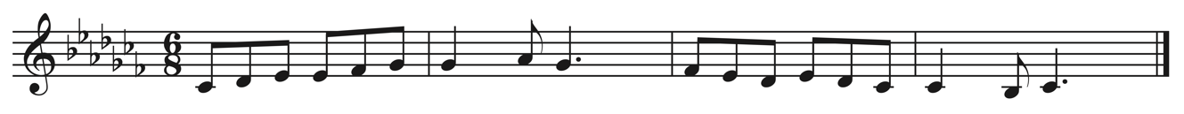 image of melody in treble clef, 6/8, key signature of seven flats