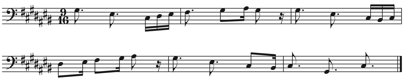 image of melody in bass clef, 9/16, key signature of seven sharps
