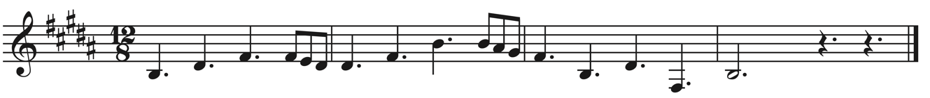 image of melody in treble clef, 12/8, key signature of five sharps