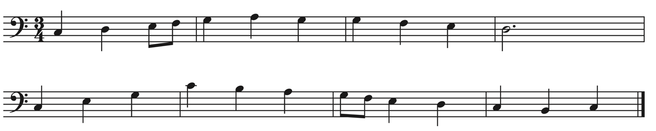 image of melody in bass clef, 3/4, no key signature