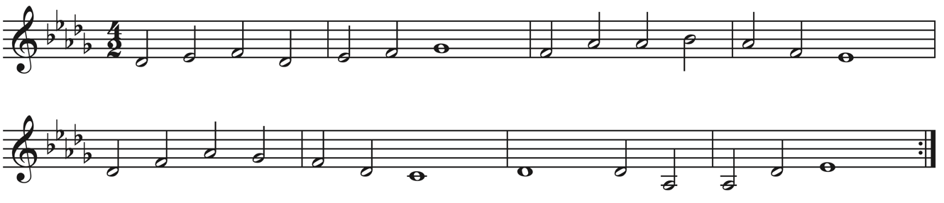 image of melody in treble clef, 4/2, key signature of five flats
