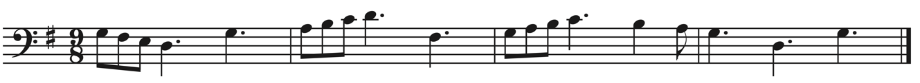 image of melody in bass clef, 9/8, key signature of one sharp