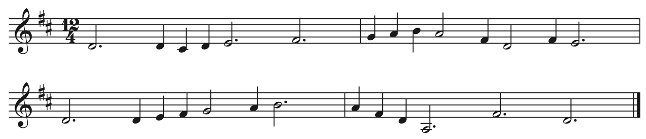 image of melody in treble clef, 12/4, key signature of two sharps