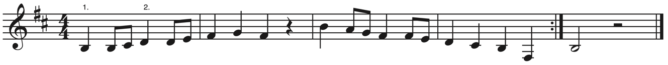 image of melody in treble clef, 4/4, key signature of two sharps