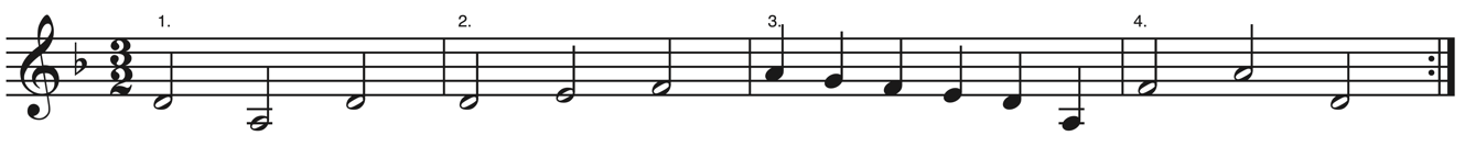 image of melody in treble clef, 3/2, key signature of one flat