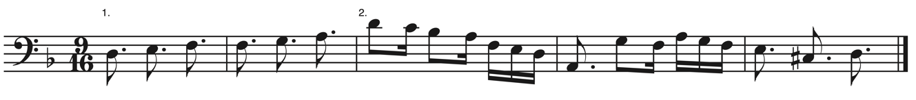 image of melody in bass clef, 9/16, key signature of one flat