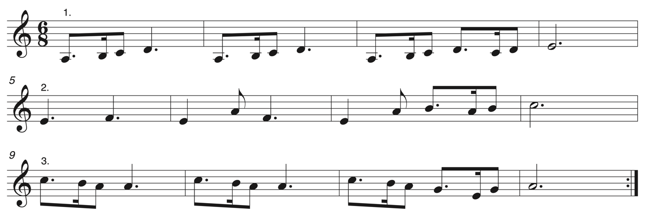 image of melody in treble clef, 6/8, no key signature