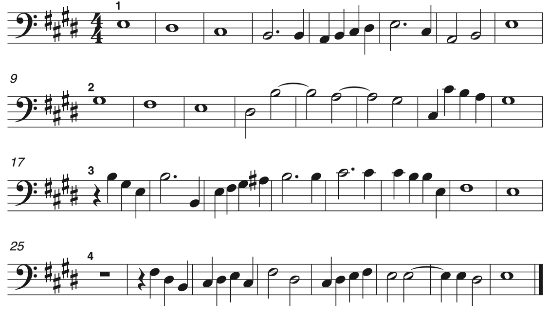 image of melody in 4/4, key signature with four sharps