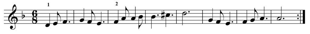 image of melody on treble clef staff in 6/8, key signature of one flat