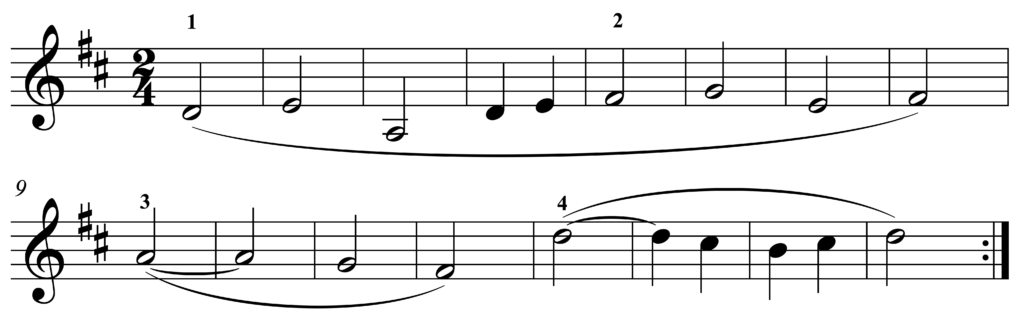 image of melody in treble clef, 2/4, key signature of two sharps