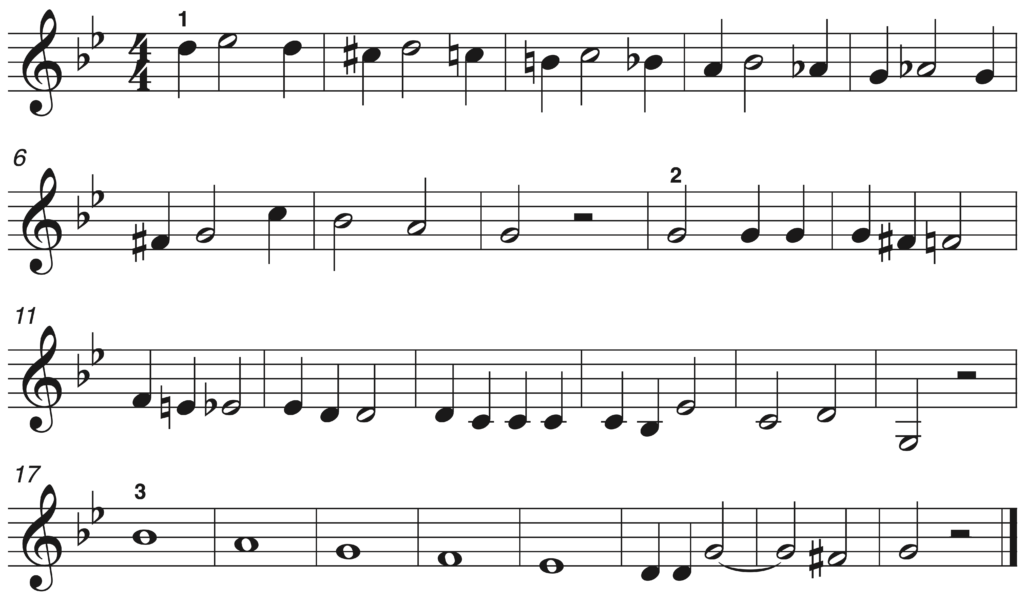 image of melody in treble clef, 4/4, with key signature of two flats