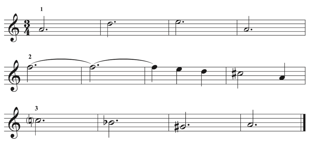 image of melody in treble clef, 3/4, no key signature