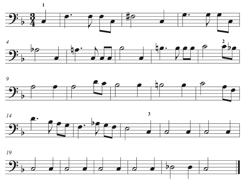 imafe of melody in bass clef, 3/4, key signature of one flat