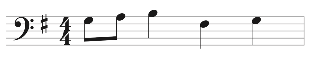 Melody in bass clef. Key signature is one sharp. Time signature is 4/4. Pitches: G3, A3, B3, F-sharp 3, G3