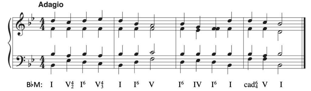 chord progression in four parts written on Grand Staff in B-flat major: one, five-four-two, one-six, five-four-three, one, one-six, five, one-six, four, one-six, one, cadential-six-four, five, one