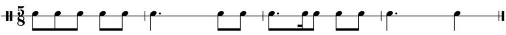 rhythm in 5/8: 3 eighths, 2 eighths, bar line, dotted quarter, 2 eighths, bar line, siciliano rhythm, 2 eighths, bar line, dotted quarter, quarter, final bar line