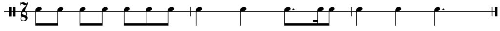 image of rhythm in 7/8: 2 eighths, 2 eighths, 3 eighths, bar line, 2 quarters, siciliano rhythm, bar line, 2 quarters, dotted quarter, final bar line