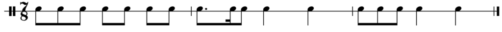 image of rhythm in 7/8: 3 eighths, 2 eighths, 2 eighths, bar line, siciliano, 2 quarters, bar line, 3 eighths, 2 quarters, final bar line