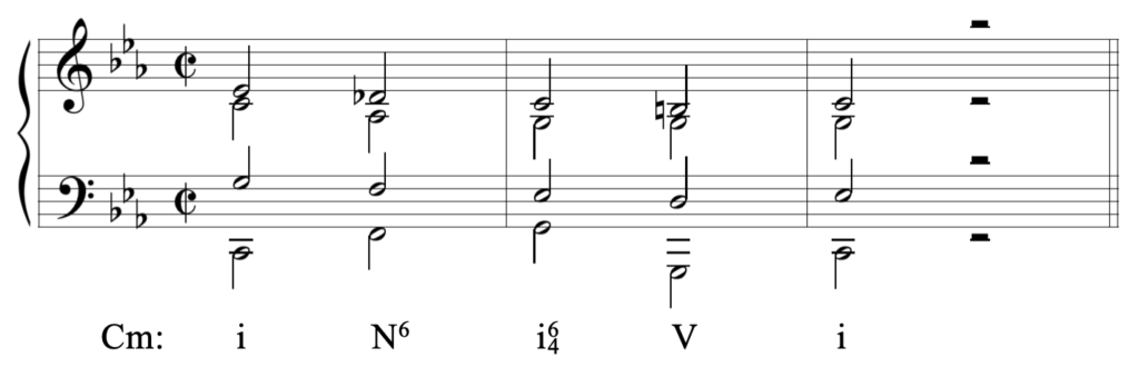image of Grand Staff, three flats, 2/2. Chords spelled in SATB voicing. Roman numerals beneath staff in C minor: one, N6, one-six-four, five, one.