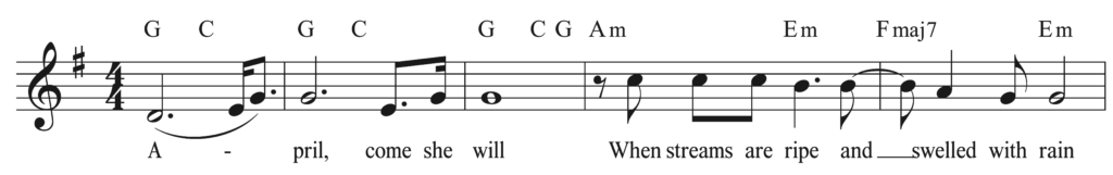image of lead sheet in treble clef. Key signature is 1 sharp. Time signature is 4/4. Chord symbols above staff read: G, C, G, C, G, C, G, A minor, E minor, F major 7, E minor