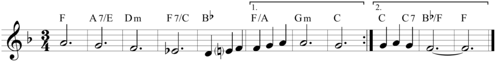 image of lead sheet in treble clef. Key signature is one flat. Time signature is 3/4. Chord symbols above staff read: F, A7 over E, D minor, F7 over C, B-flat, first ending: F over A, G minor, C, second ending: C, C7, B-flat over F, F