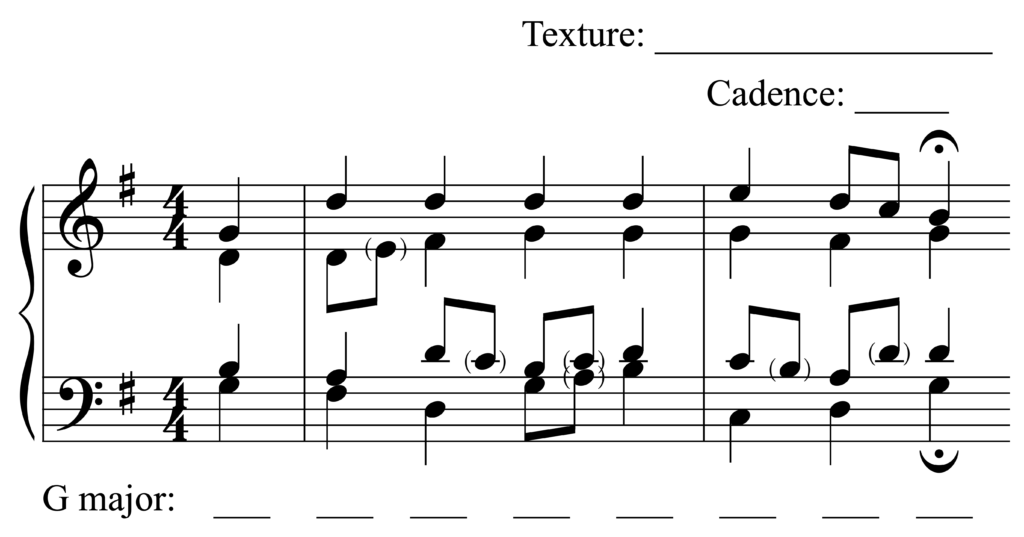 image of score with blanks for Roman numerals, cadence and texture