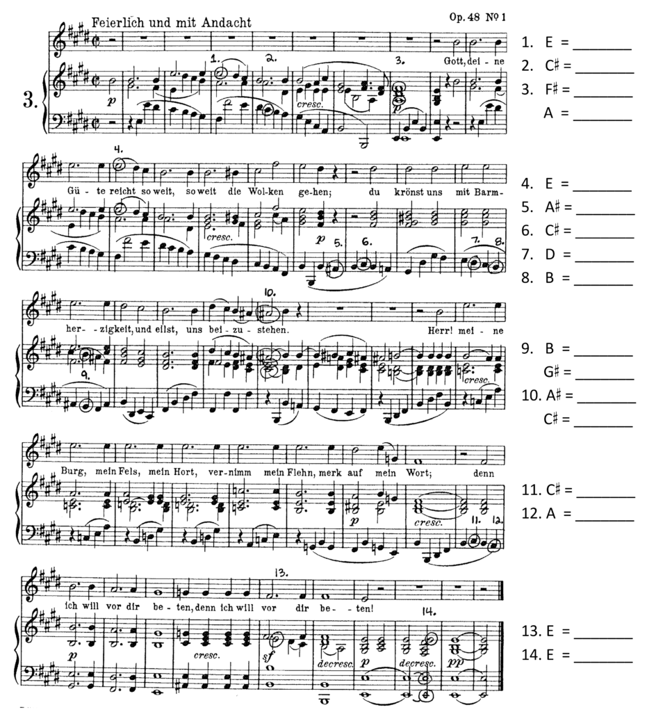 image of musical score with annotations. On right hand side, list of numbered notes with blanks for non-chord tone labels.