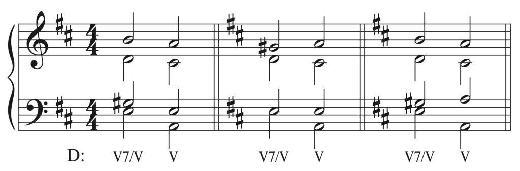 image of Grand Staff with three resolutions of five-seven-of-five to five. First resolution: soprano is B4 to A4, alto is D4 to C-sharp 4, tenor is frustrated from G-sharp 3 to E3, and bass is E3 to A2. Second resolution: soprano is G-sharp 4 to A4, alto is D4 to C-sharp 4, tenor stays on E3, and bass is E3 to A2. Third resolution: soprano is B4 to A4, alto is D4 to C-sharp 4, tenor is G-sharp 3 to A3, and bass is E3 to A2.