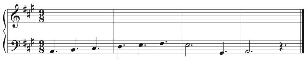 image of score with melody in bass clef: A B C-sharp D E F-sharp E G-sharp A