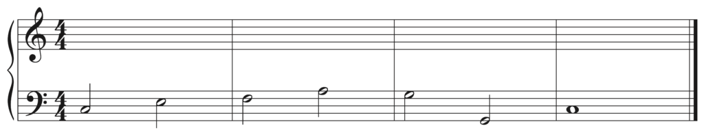image of score with melody in bass clef: C E F A G G C