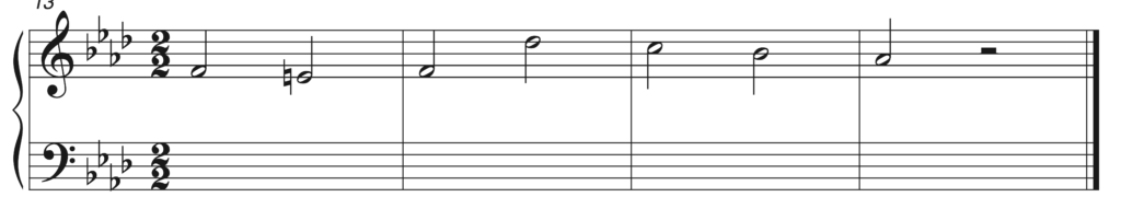 image of score with melody in treble clef: F E-natural F D-flat C B-flat A-flat
