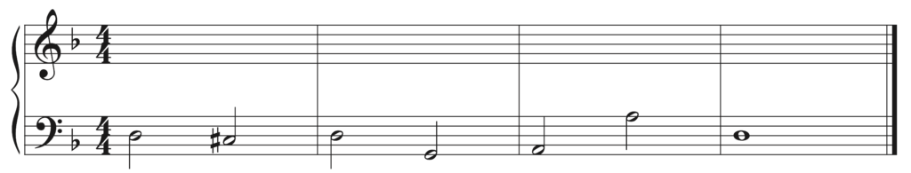 image of score with melody in bass clef: D C-sharp D G A A D