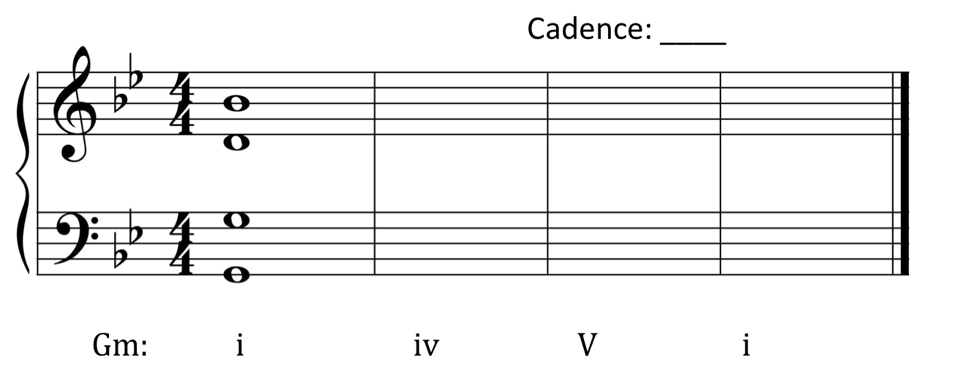 image of Grand Staff, opening chord: G2, G3, D4, B-flat 4; chord progression beneath staff is G minor: one four five one