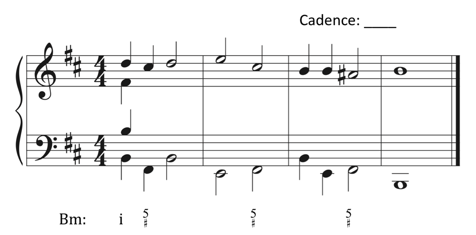 image of outer voices on Grand Staff; soprano: D C-sharp D E C-sharp B B A-sharp B; bass: B F-sharp B E F-sharp B E F-sharp B; Key labelled as B minor; first Roman numeral labeled as lowercase i, figures appear beneath F-sharps in bass, with top number as 5 and lower sharp symbol