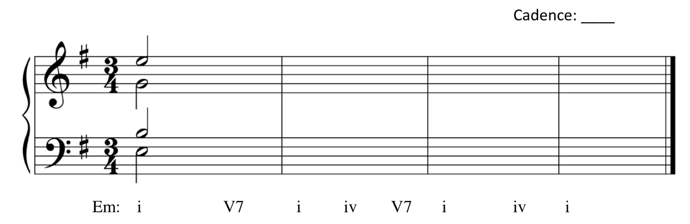 image of Grand Staff, with opening chord: E3, B3, G4, E5. Key is labelled as E minor with Roman numerals: one, five-seven, one, four, five-seven, one, four, one