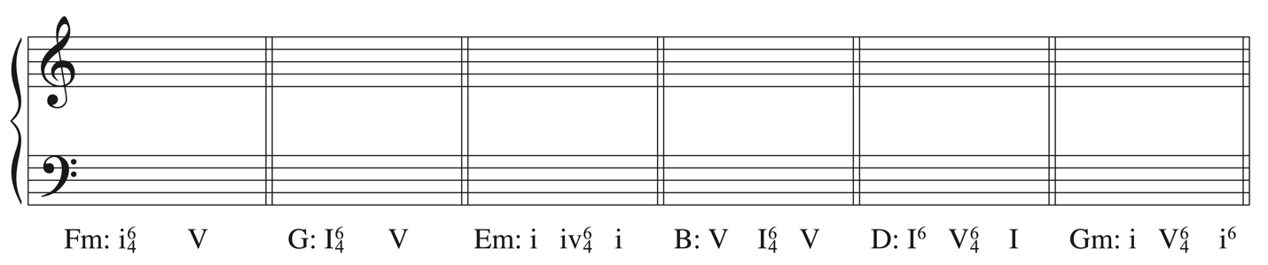 image of blank Grand Staff with symbols beneath: F minor: one-six-four, five. G major: one-six-four, five. E minor: one, four-six-four, one. B major: five, one-six-four, five. D major: one-six, five-six-four, one. G minor: one, five six-four, one-six.