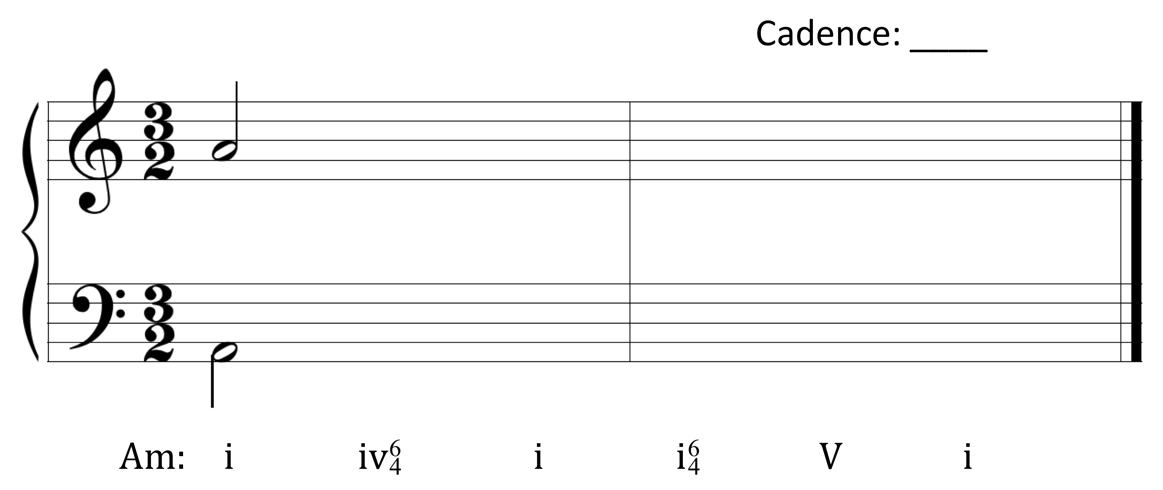 image of Grand Staff with starting soprano note A4 and bass note A2. Key is labelled as A minor. Roman numerals are: one, four-six-four, one, one-six-four, five, one.