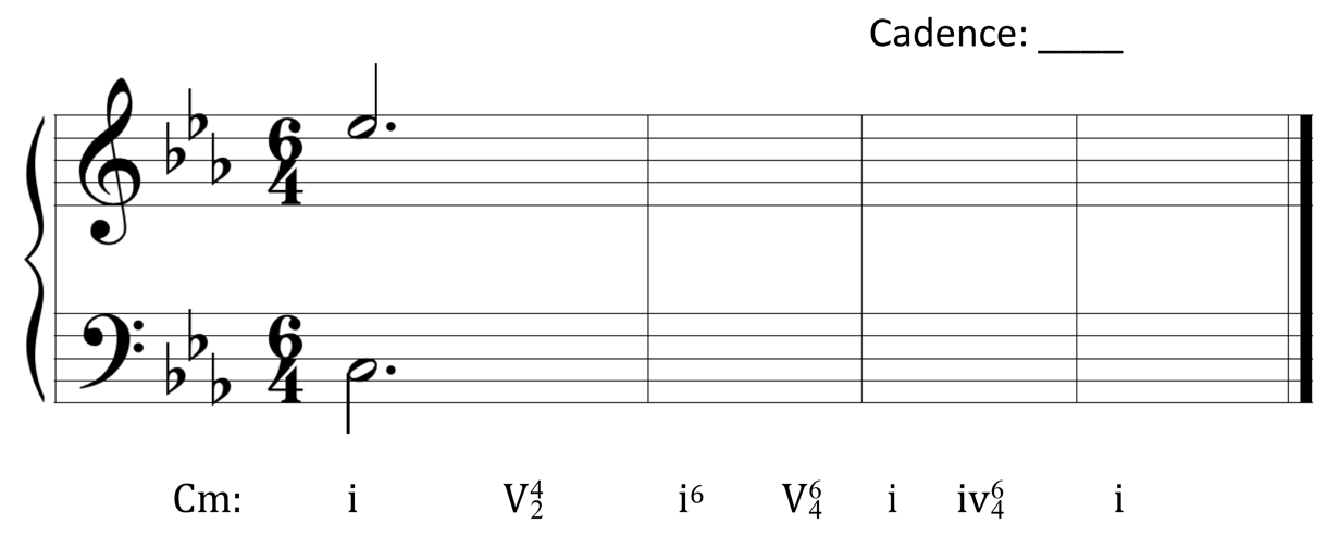 image of Grand Staff with starting soprano note E-flat 5 and bass note C3. Key is labelled as C minor. Roman numerals are: one, five-four-two, one-six, five-six-four, one, four-six-four, one.
