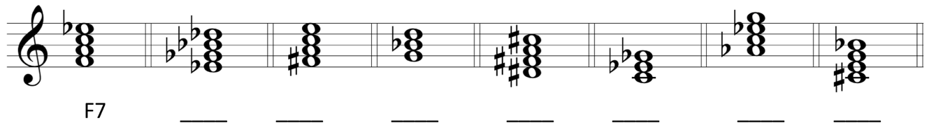 image of chords on staff in treble clef with blanks beneath staff for chord labels