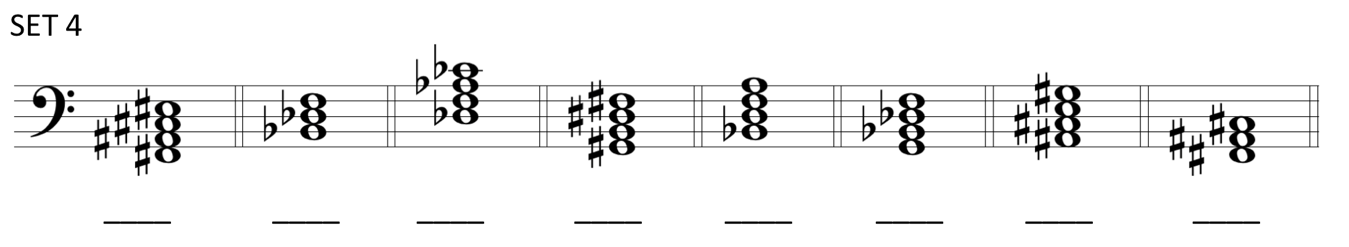 image of chords on staff in bass clef with blanks beneath staff for chord labels