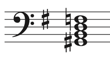 image of chord on staff in bass clef. Key signature is one sharp. Notes include G-sharp 2, B2, D3, F-natural 3