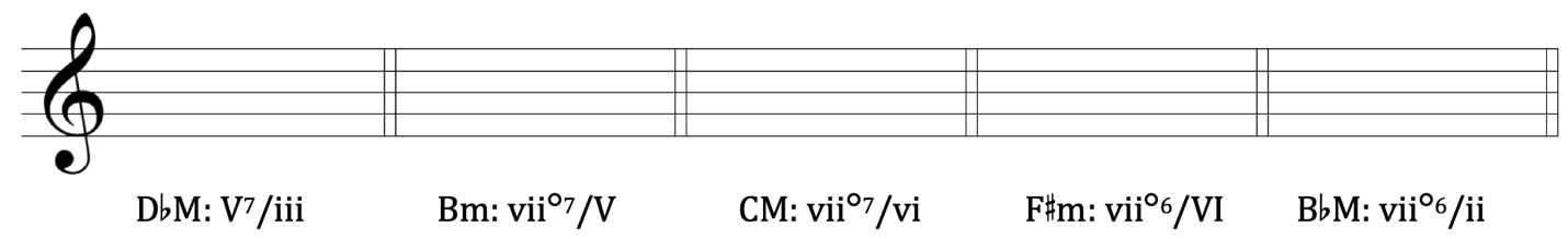 image of blank staff with treble clef. Symbols beneath staff read D-flat major: five-seven of three; B minor: seven-fully-diminished-seven of five; C major: seven-fully-diminished-seven of six; F-sharp minor: seven-diminished-six of six; B-flat major: seven-diminished-six of two