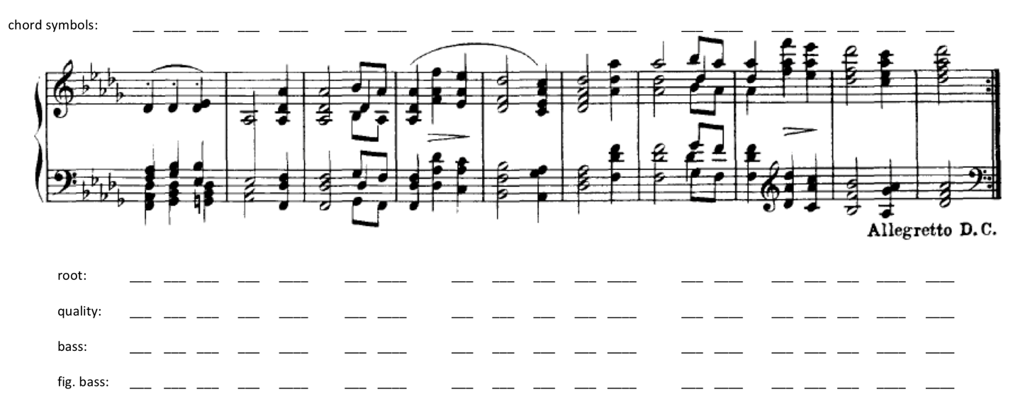 image of score with blanks above staff for chord symbol labels and blanks beneath staff for root, quality, bass, and figured bass symbols