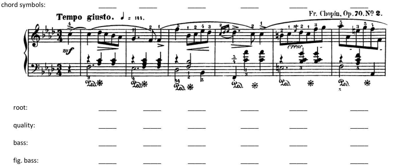 image of score with blanks above staff for chord symbol labels and blanks beneath staff for root, quality, bass, and figured bass symbols