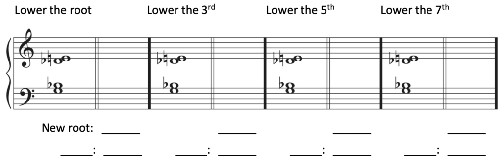 The given chord is G3, B-flat 3, D-flat 4, E-natural 4. It is written out four times with the instructions to lower the root, then the third, then the fifth, then the seventh. After each one, a blank measure is provided to write the new chord, with spaces below to label the new root, implied key, and Roman numeral.