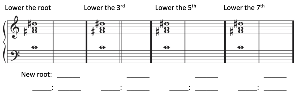 The given chord is C4, F-sharp 4, A4, D-sharp 5. It is written out four times with the instructions to lower the root, then the third, then the fifth, then the seventh. After each one, a blank measure is provided to write the new chord, with spaces below to label the new root, implied key, and Roman numeral.